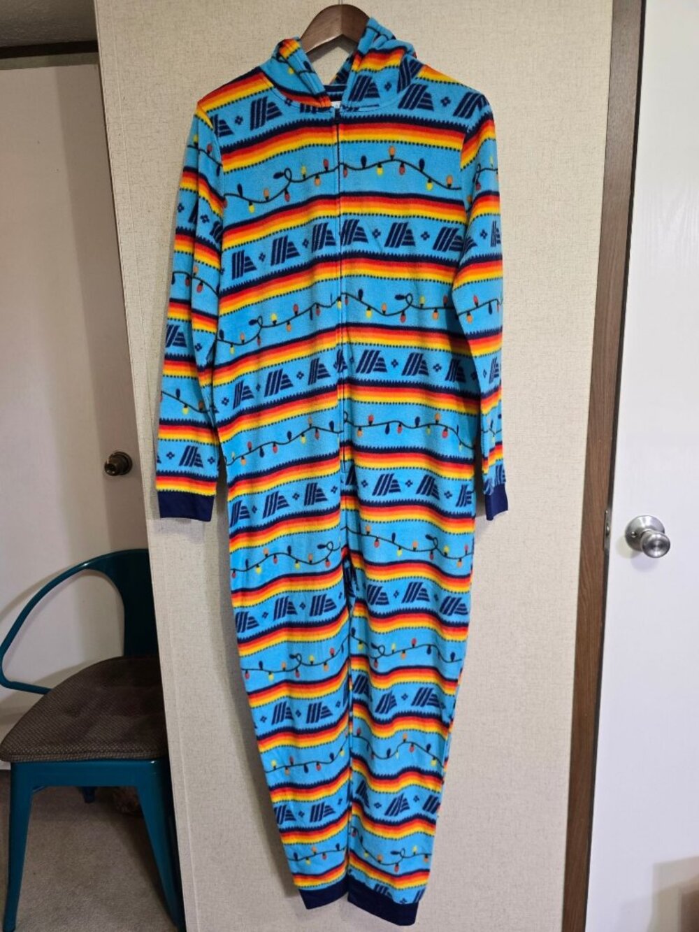 Aldi Gear Adult Medium Hooded Fleece One Piece Christmas Lights Striped Pajamas